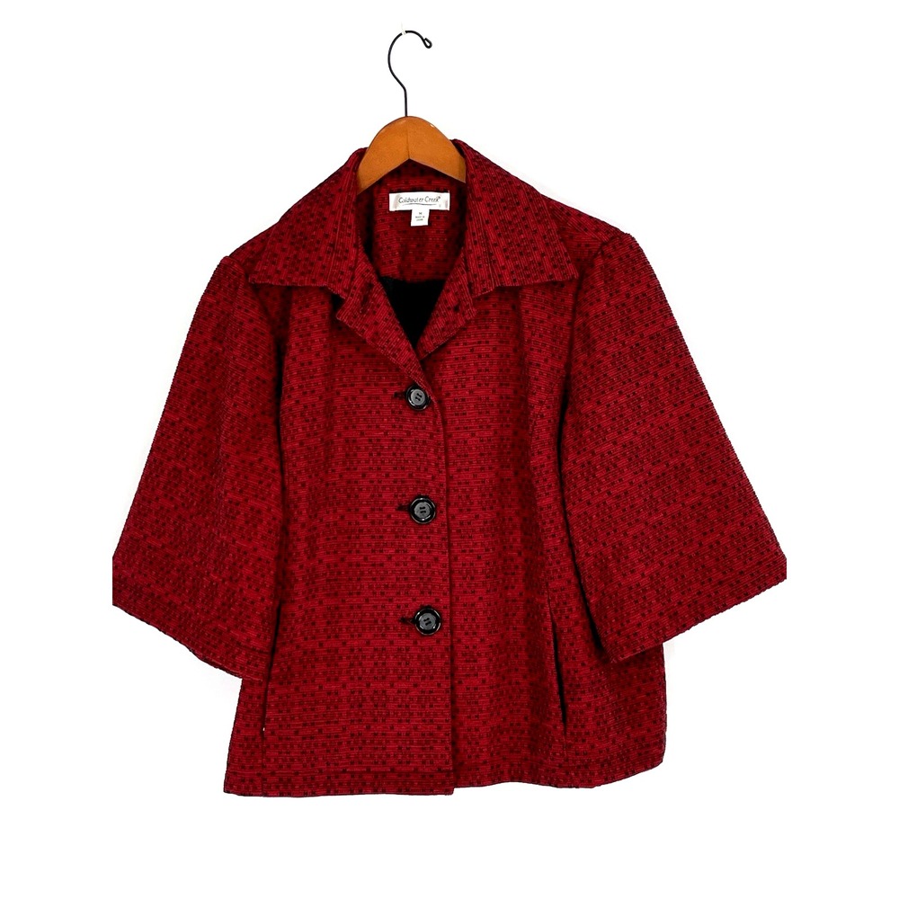 Coldwater Creek Womens Med Red Black Wide 3/4 Sleeve Swing Blazer Jacket Career